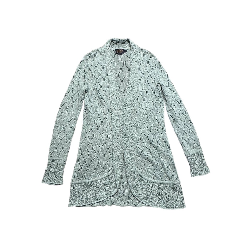 Pendleton Long Open Front Crochet Knit Cardigan Sweater Light Green Small Linen‎